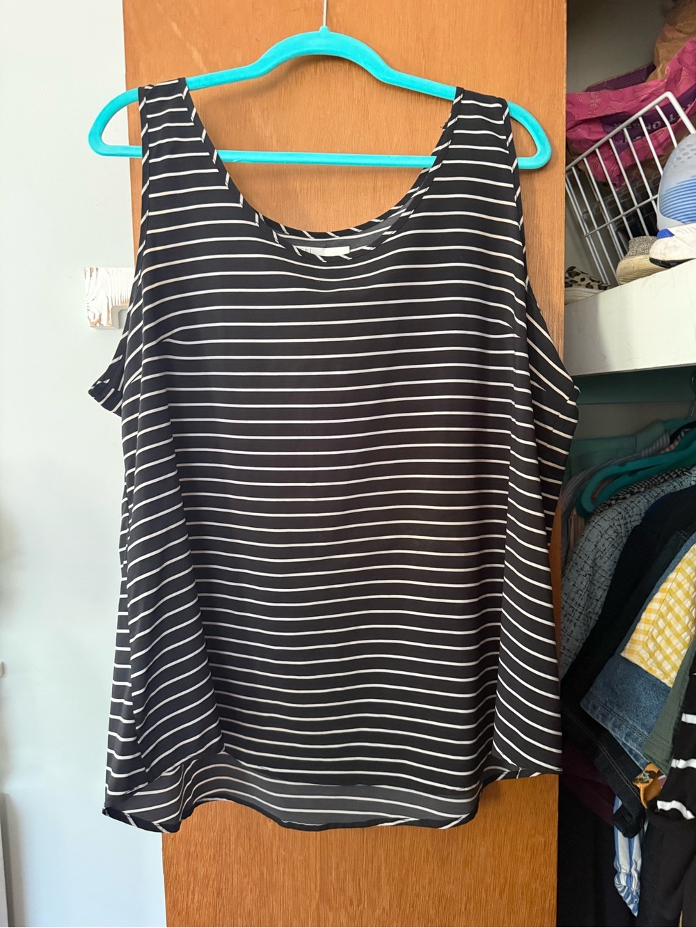Time and Tru Black and White Striped Cold-Shoulder Tank